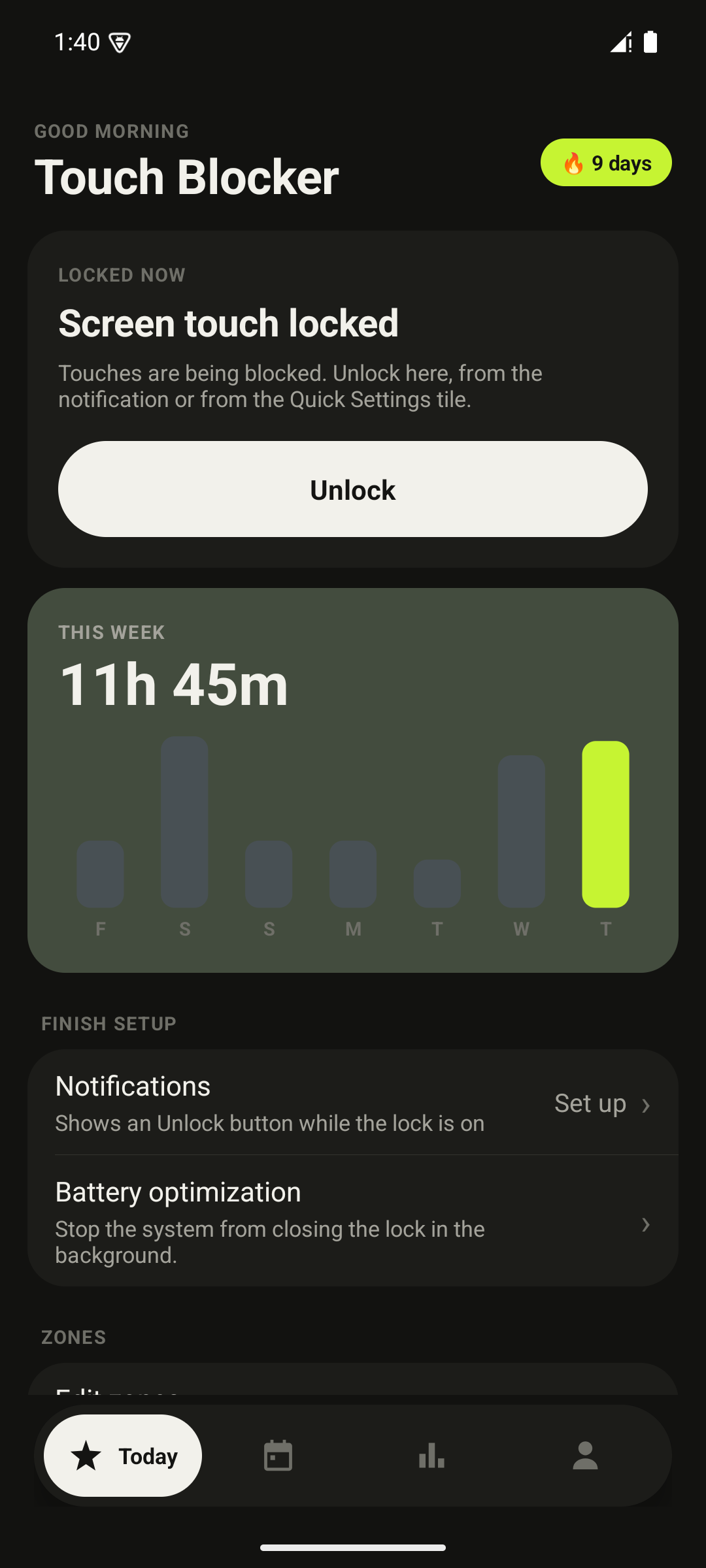 Touch Blocker Today screen with the lock streak card and the Lock full screen button