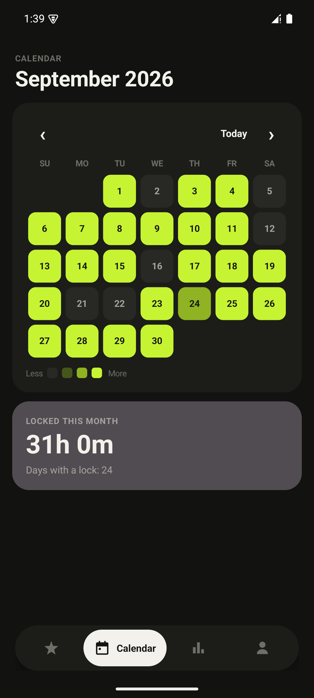 Calendar screen: a month grid with the days you locked marked in lime