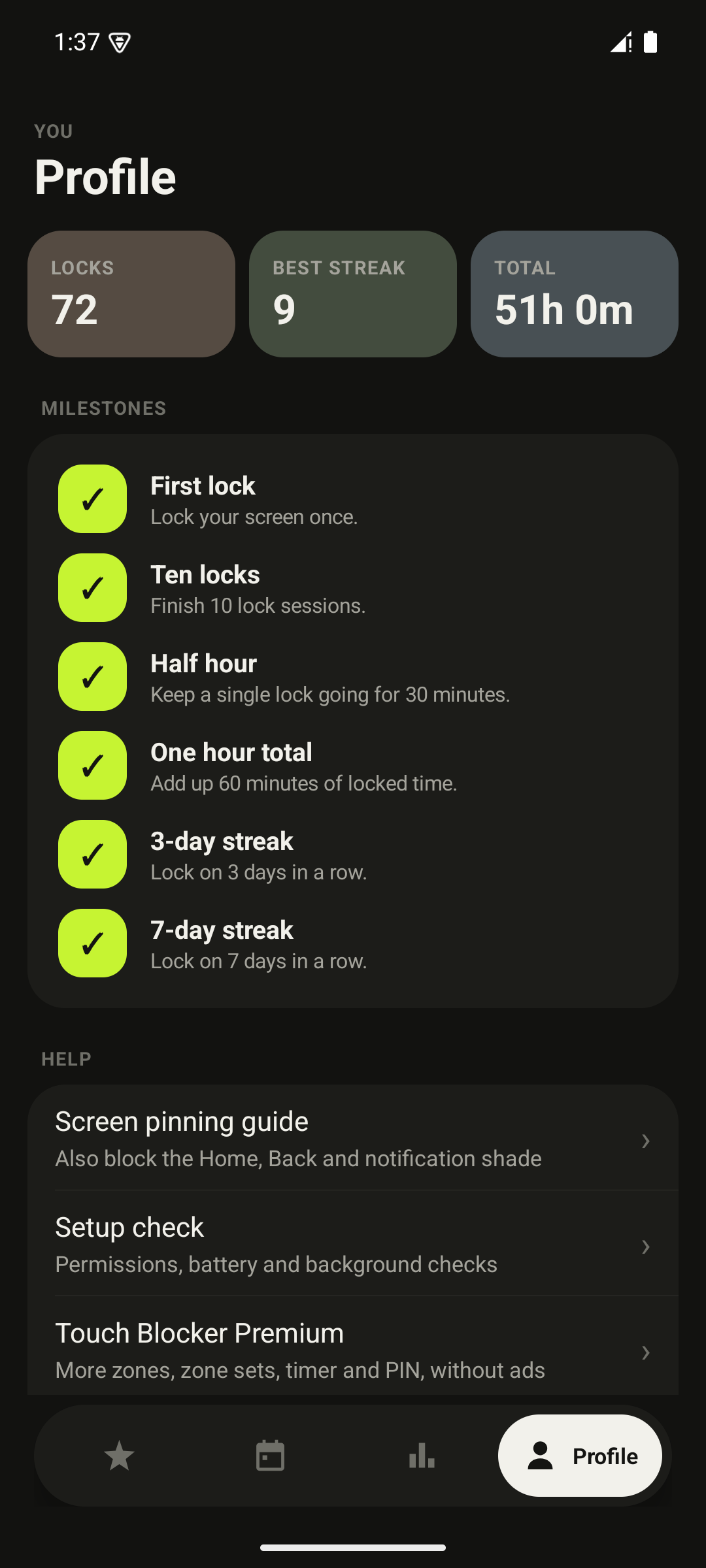 Profile screen: total locks, longest streak and milestone badges